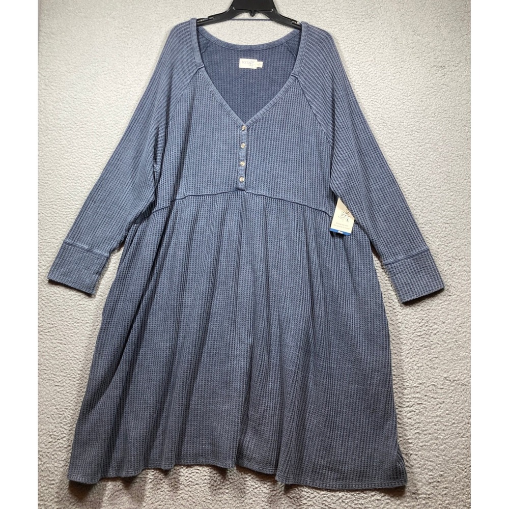 Terra & Sky Babydoll Waffle Dress Women 4X Dark Navy Henley Thermal Long Sleeve